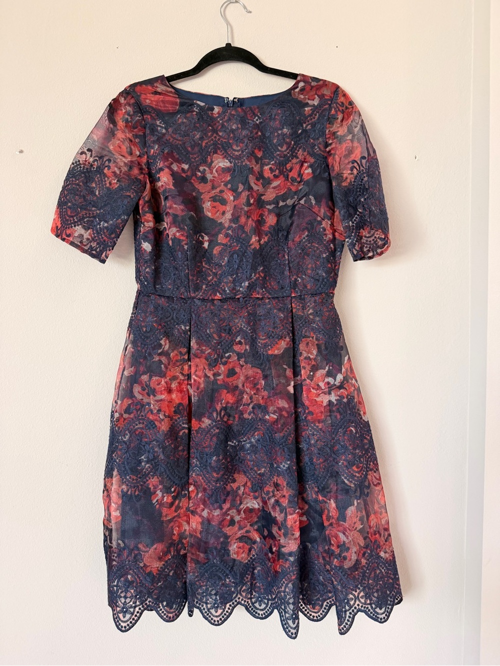 Floral Lace-Trim Midi Dress in Navy and Red